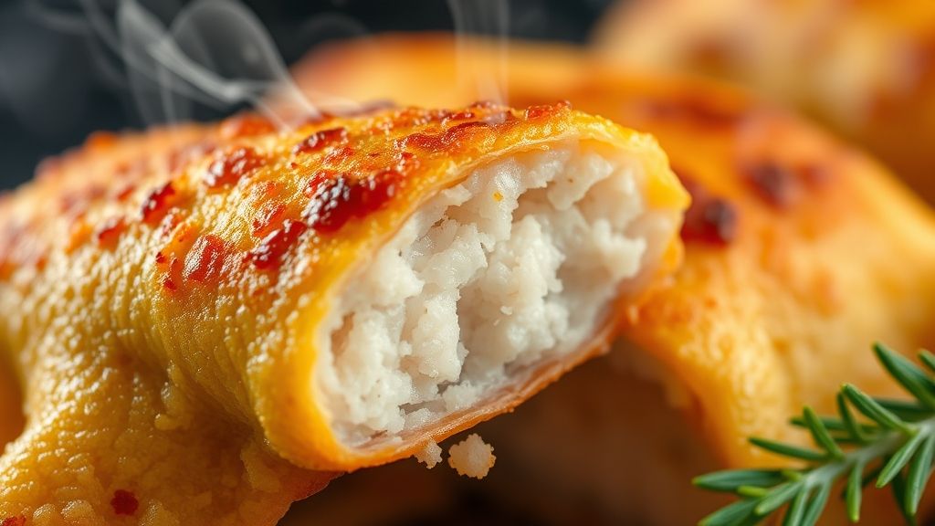 Close-up dos risoles abertos mostrando a textura crocante e o interior macio