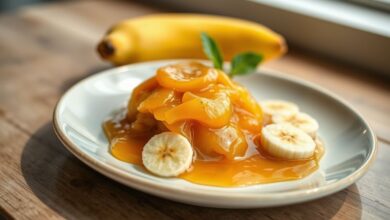 Doce de banana caseiro cremoso servido em potes pequenos, com pedaços de banana e colheres decorativas