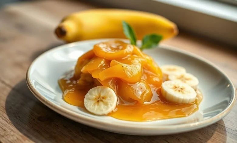 Doce de banana caseiro cremoso servido em potes pequenos, com pedaços de banana e colheres decorativas