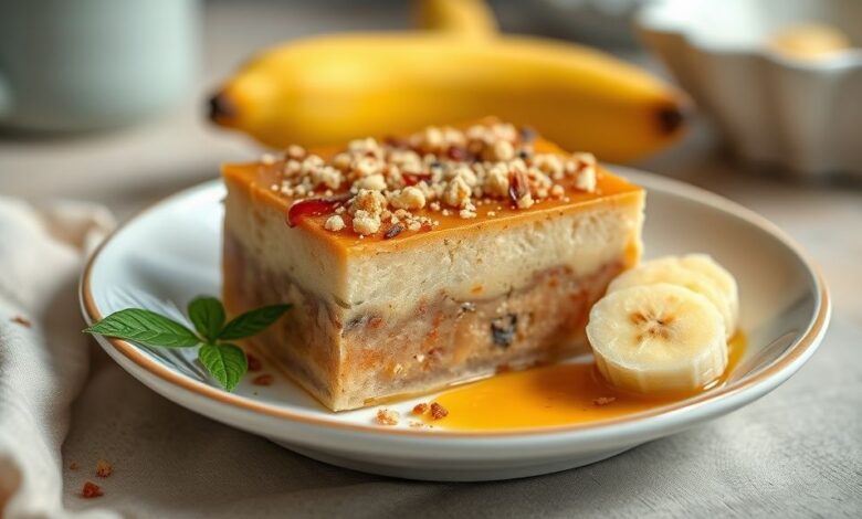 Pedaços firmes e dourados de doce de banana dispostos em prato branco, com aspecto brilhante e tentador