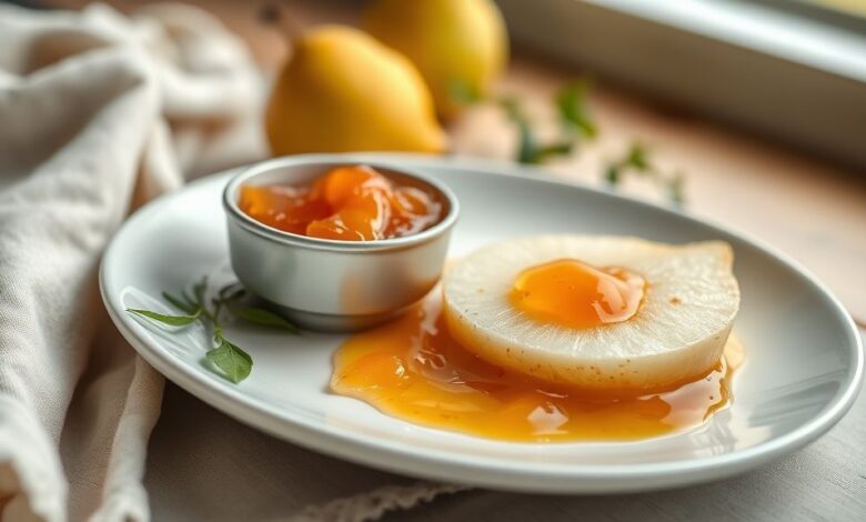 Doce de pera simples servido em taça de vidro, com calda brilhante e pedaços dourados