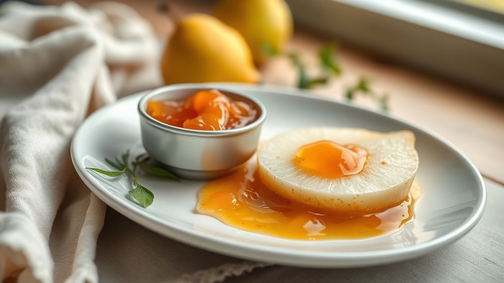 Doce de pera simples caseiro servido em taça de vidro, calda brilhante e pedaços de fruta dourados