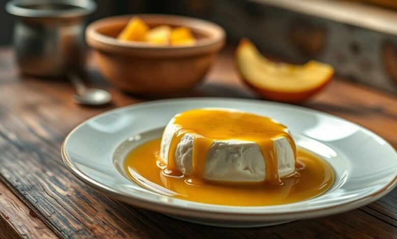 Prato de doce de queijo em calda dourado, servido com a calda espessa e aroma de canela, em louça rústica