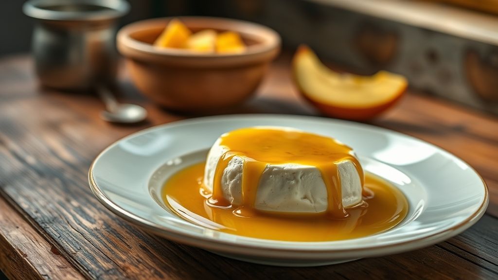 Doce de queijo em calda mineiro pronto, dourado e coberto com calda brilhante, servido em tigela rústica