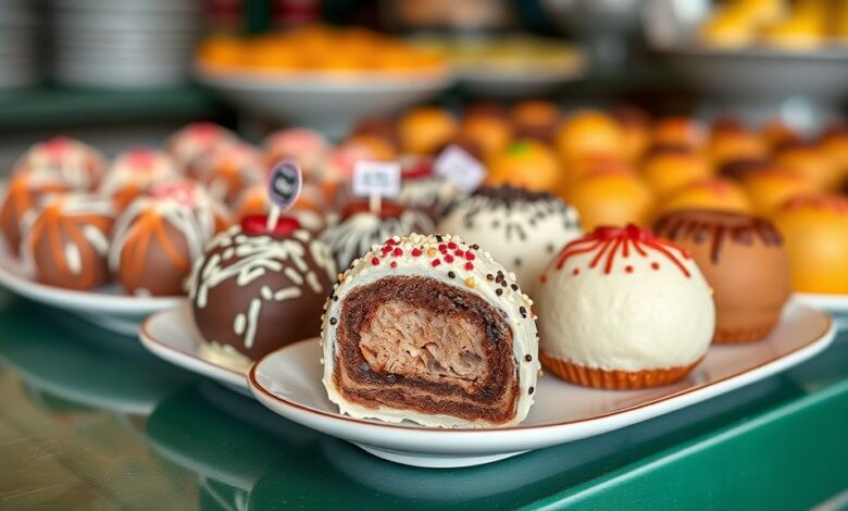 Seleção de doces variados como brigadeiro, beijinho e cocada, dispostos de forma elegante e apetitosos