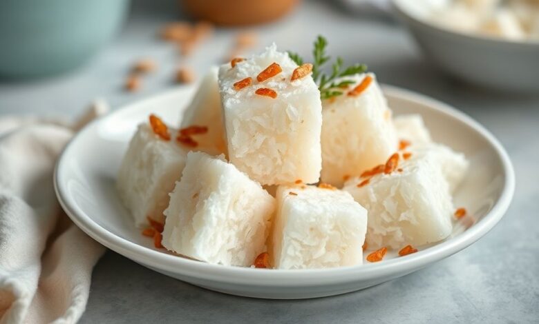 Prato com docinhos de coco no micro-ondas sem açúcar, bem decorados com cravo e polvilhados com coco ralado.