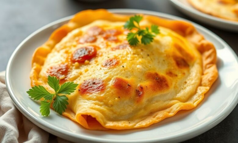 Empadão dourado e brilhante, recém-assado, com massa crocante e cobertura perfeita sem uso de ovo