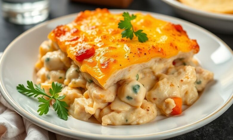 Escondidinho de frango cremoso e gratinado, servido em refratário, com queijo derretido e toque caseiro