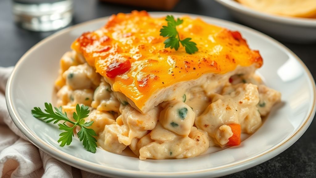 Escondidinho de frango cremoso e gratinado, servido em refratário, com queijo derretido e toque caseiro