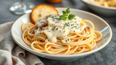 Prato de espaguete al dente envolvido em molho alfredo cremoso, servido fumegante e decorado com queijo parmesão.