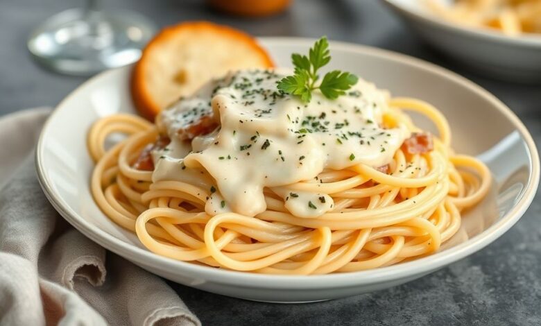 Prato de espaguete al dente envolvido em molho alfredo cremoso, servido fumegante e decorado com queijo parmesão.