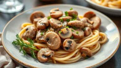 Prato de estrogonofe de carne com cogumelos frescos cremoso servido em prato fundo, decorado com salsinha e arroz branco ao lado