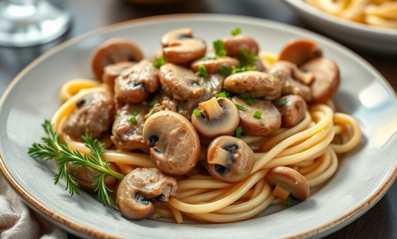 Prato de estrogonofe de carne com cogumelos frescos cremoso servido em prato fundo, decorado com salsinha e arroz branco ao lado