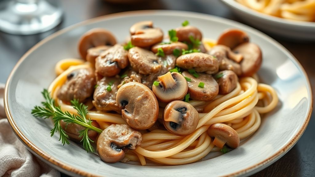 Prato de estrogonofe de carne com cogumelos frescos cremoso servido em prato fundo, decorado com salsinha e arroz branco ao lado