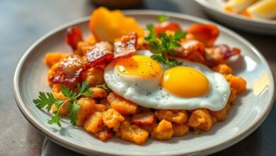 Farofa dourada e crocante com pedaços de bacon e cenoura ralada, servida em travessa rústica, cheia de textura e cor.