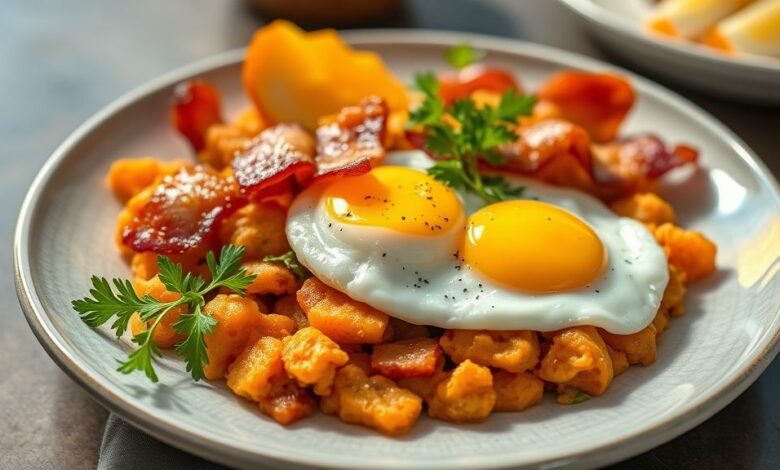 Farofa dourada e crocante com pedaços de bacon e cenoura ralada, servida em travessa rústica, cheia de textura e cor.