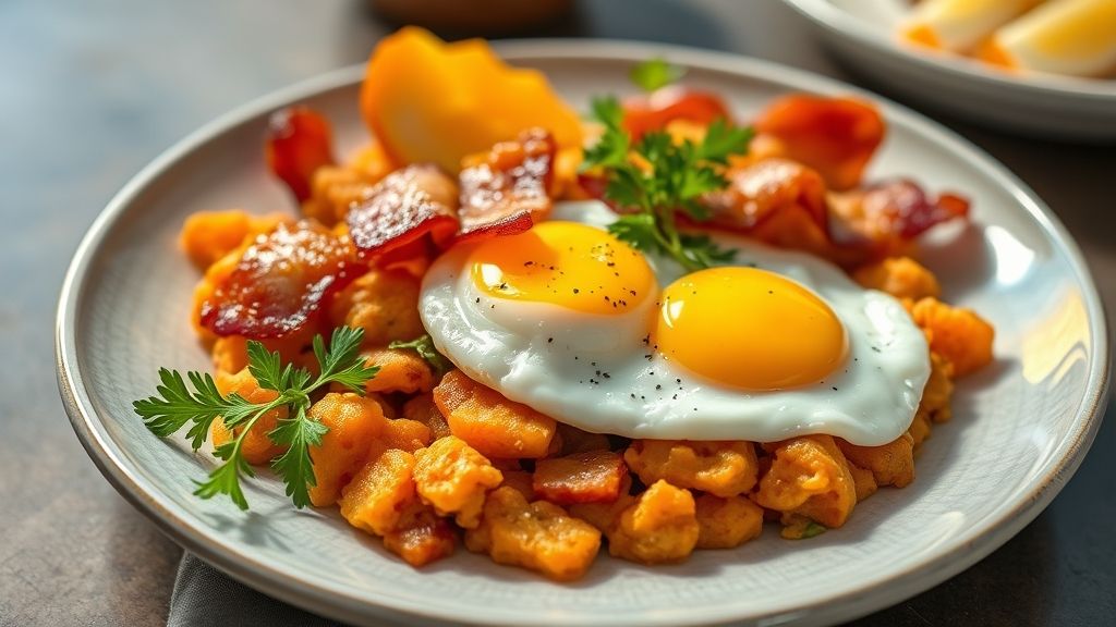 Farofa de cenoura simples com bacon e ovo dourada em travessa rústica, prato crocante e colorido com textura solta e apetitosa.