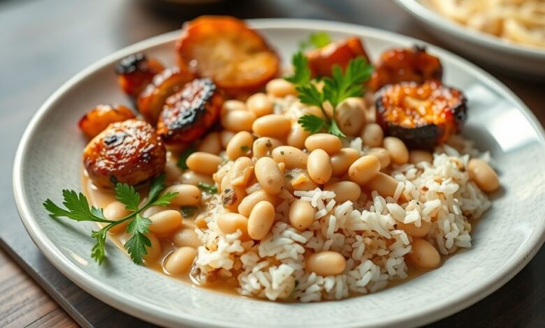 Prato servido com feijão branco, arroz, legumes e carnes grelhadas, pronto para uma refeição completa e saborosa