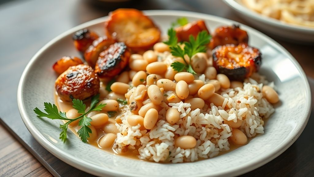Prato de feijão branco acompanhado de arroz e carnes douradas, mostrando o que servir com feijão branco de forma apetitosa e caseira