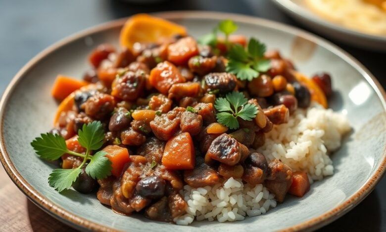 Prato de feijoada sem carne de porco servido com arroz branco, couve refogada e laranja, bem apresentado e apetitoso
