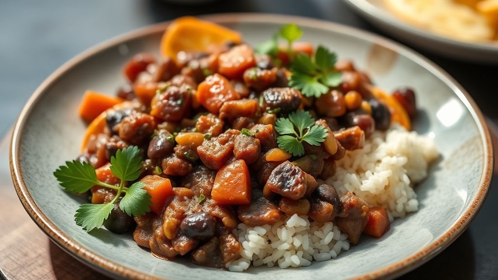 Feijoada sem carne de porco servida com arroz, couve e laranja, prato tipicamente brasileiro