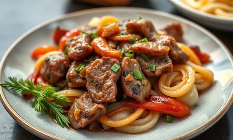 Fígado de porco refogado com cebola, pimentão e cheiro-verde servido em prato rústico e apetitoso