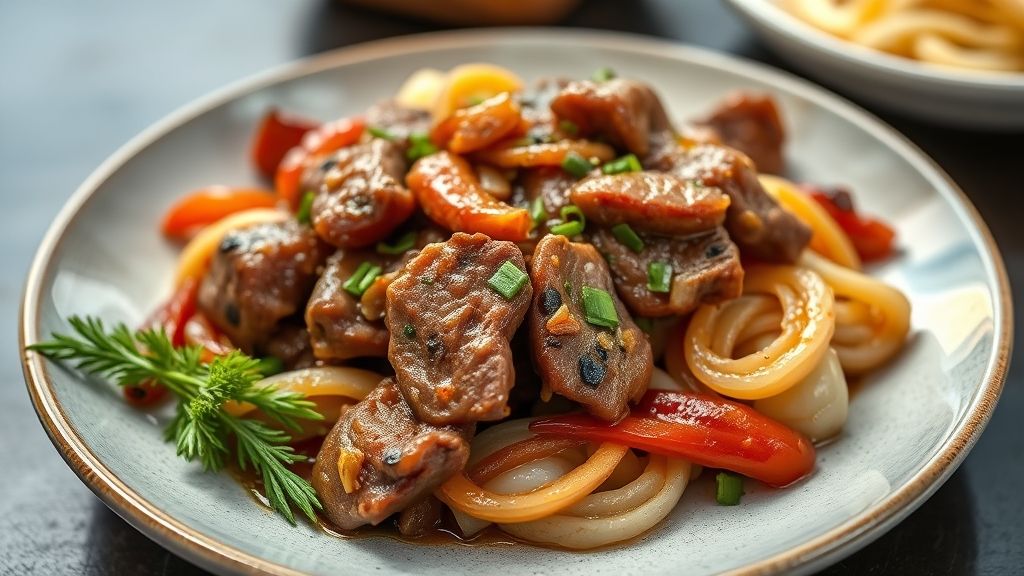 Prato de fígado de porco macio refogado com cebola e pimentão, suculento e temperado