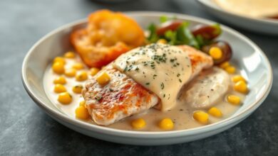 Prato servido com filés de frango dourados cobertos por creme de milho gratinado, com aspecto cremoso e apetitoso