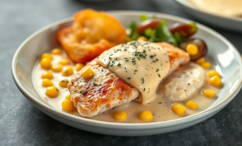 Prato servido com filés de frango dourados cobertos por creme de milho gratinado, com aspecto cremoso e apetitoso