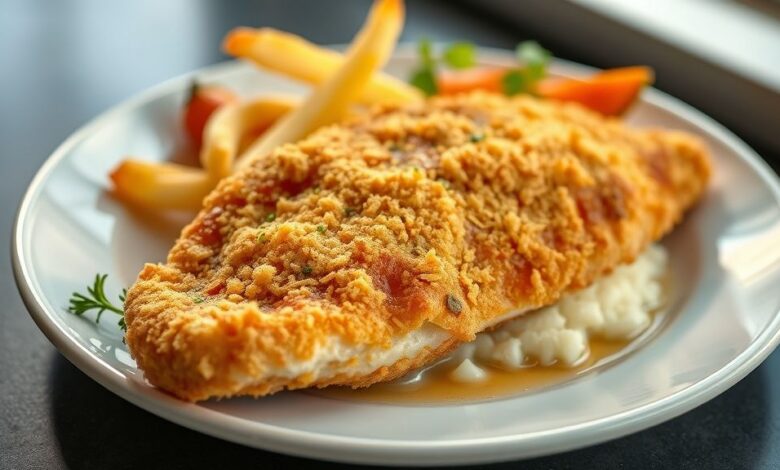 Filé de peixe à milanesa dourado e crocante, servido com rodelas de limão e salada fresca em prato elegante.