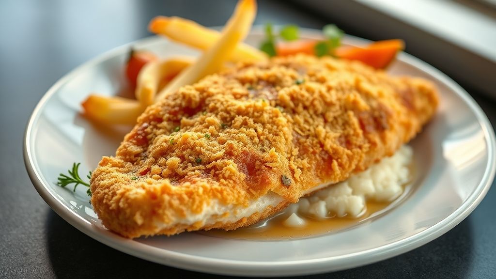 Filé de peixe à milanesa dourado e crocante, servido com rodelas de limão e salada fresca em prato elegante.