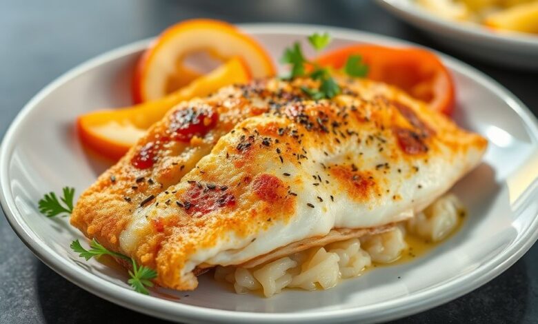 Prato de filé de tilápia frita crocante e dourada servido com limão e molho tártaro