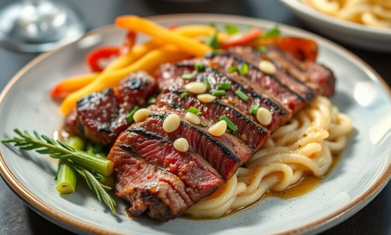 Fraldinha ao alho pronta, fatiada e suculenta, com superfície dourada e alho crocante por cima