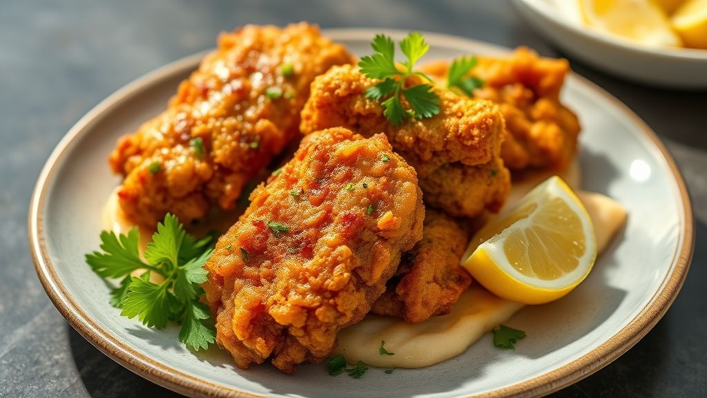 Frango à passarinho dourado e crocante servido em prato rústico com alho frito e limão