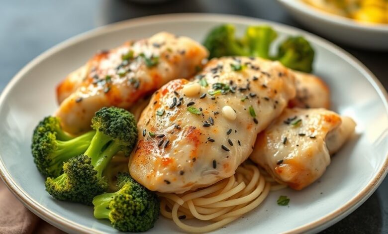 Prato de frango salteado com brócolis frescos e cenoura, colorido e suculento, servido em tigela rústica.