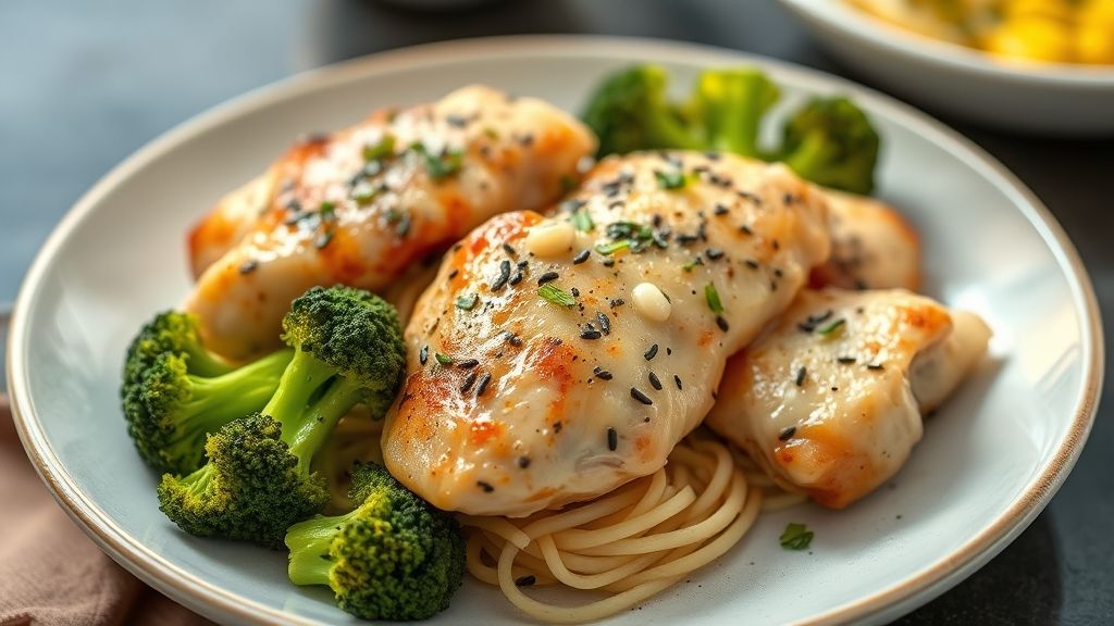 Prato de frango salteado com brócolis frescos e cenoura, colorido e suculento, servido em tigela rústica.