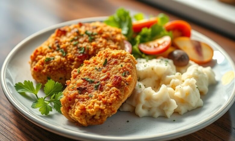 Prato com filé de frango empanado dourado, purê de batatas cremoso e salada colorida em fundo claro