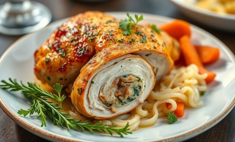 Frango inteiro dourado e suculento, recheado, servido em travessa de forno com ervas e aparência apetitosamente dourada