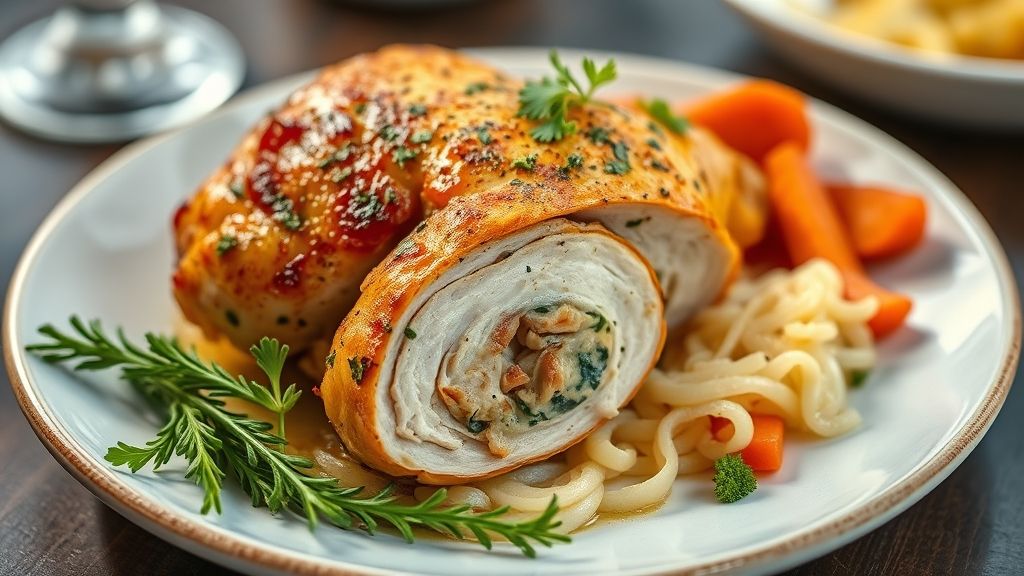 Frango recheado no forno dourado, com pele crocante e recheio saboroso servido em travessa rústica