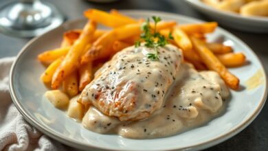 Fricassê de frango cremoso com cobertura dourada de queijo e batata palha crocante, servido em refratário