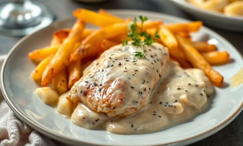 Fricassê de frango cremoso com cobertura dourada de queijo e batata palha crocante, servido em refratário