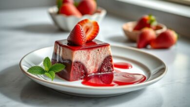 Ganache de morango cremosa, rosada e brilhante, servida em tigela de porcelana com morangos frescos ao redor