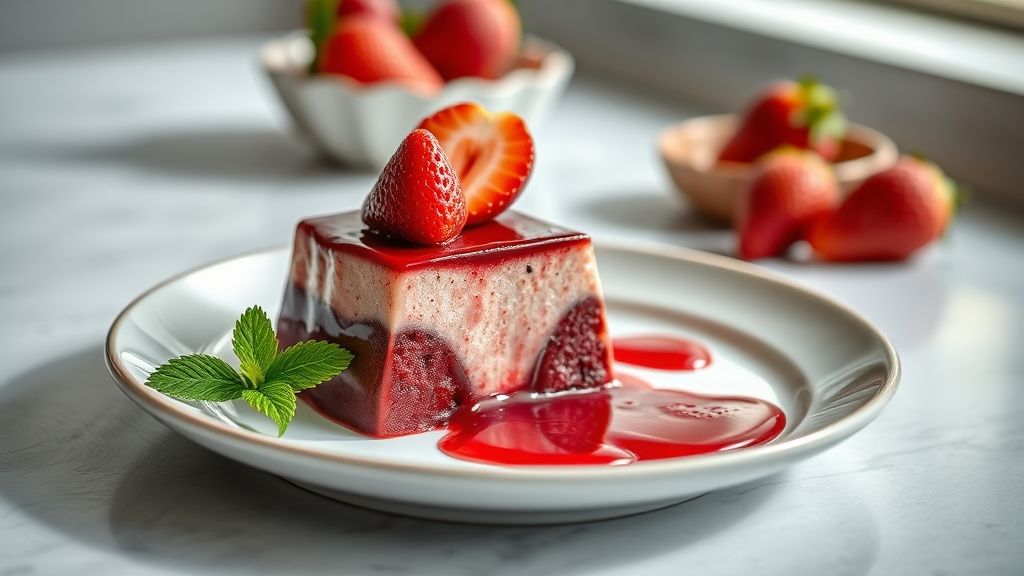 Ganache de morango cremosa e brilhante servida em tigela branca, mostrando sua textura sedosa e cor rosada