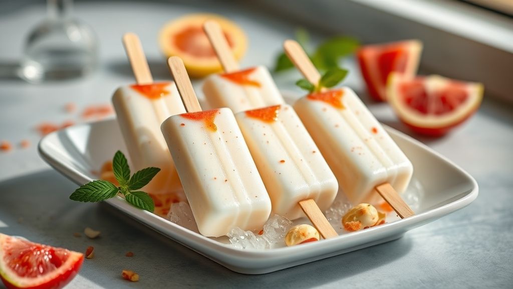 Geladinhos de batida cremosos dispostos em uma bandeja de gelo, com cores vibrantes e aparência refrescante