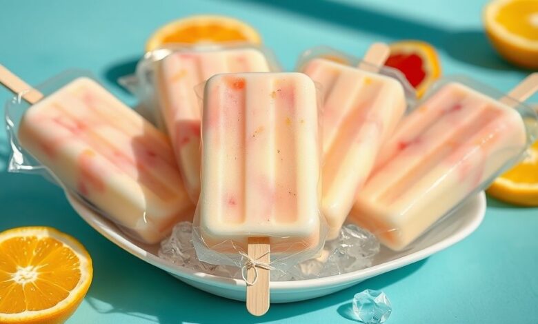 Geladinhos cremosos em saquinhos, coloridos e bem apresentados em uma bandeja com gelo