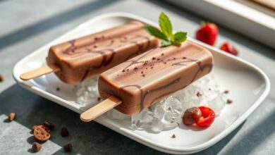 Geladinhos de chocolate cremosos prontos, com textura aveludada e aparência refrescante, servidos em saquinhos sobre gelo
