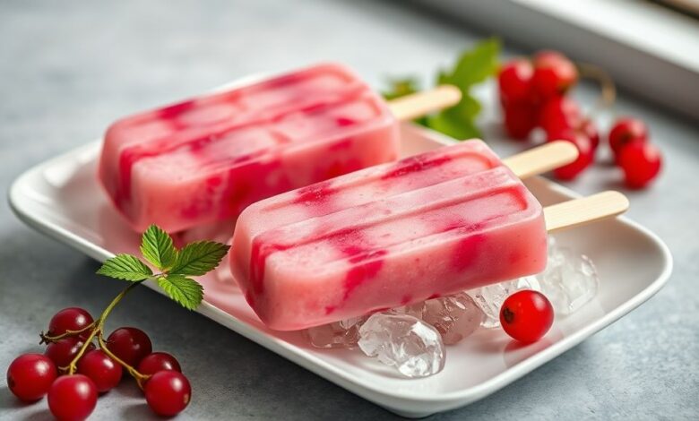 Saquinhos de geladinho de groselha rosados e brilhantes, servidos sobre gelo, com aparência cremosa e refrescante.
