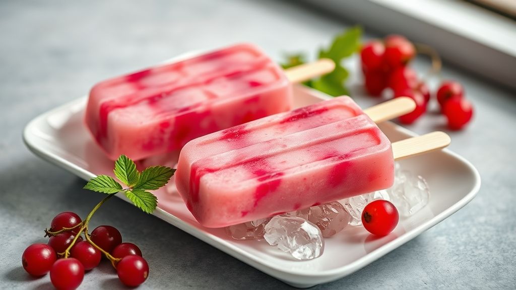 Geladinho de groselha pronto, rosado e cremoso, servido gelado em saquinhos translúcidos — sobremesa refrescante de groselha.