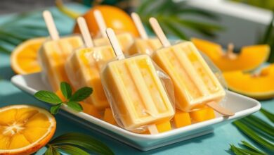 Geladinhos de manga cremosos em saquinhos transparentes, com coloração amarela vibrante e aparência refrescante