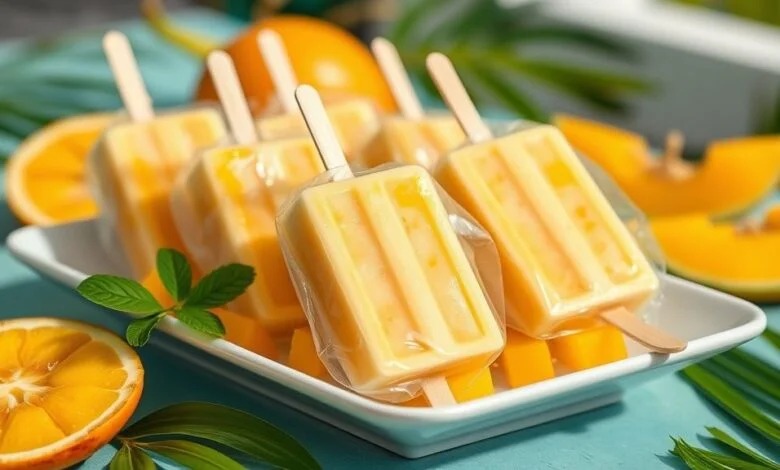 Geladinhos de manga cremosos em saquinhos transparentes, com coloração amarela vibrante e aparência refrescante